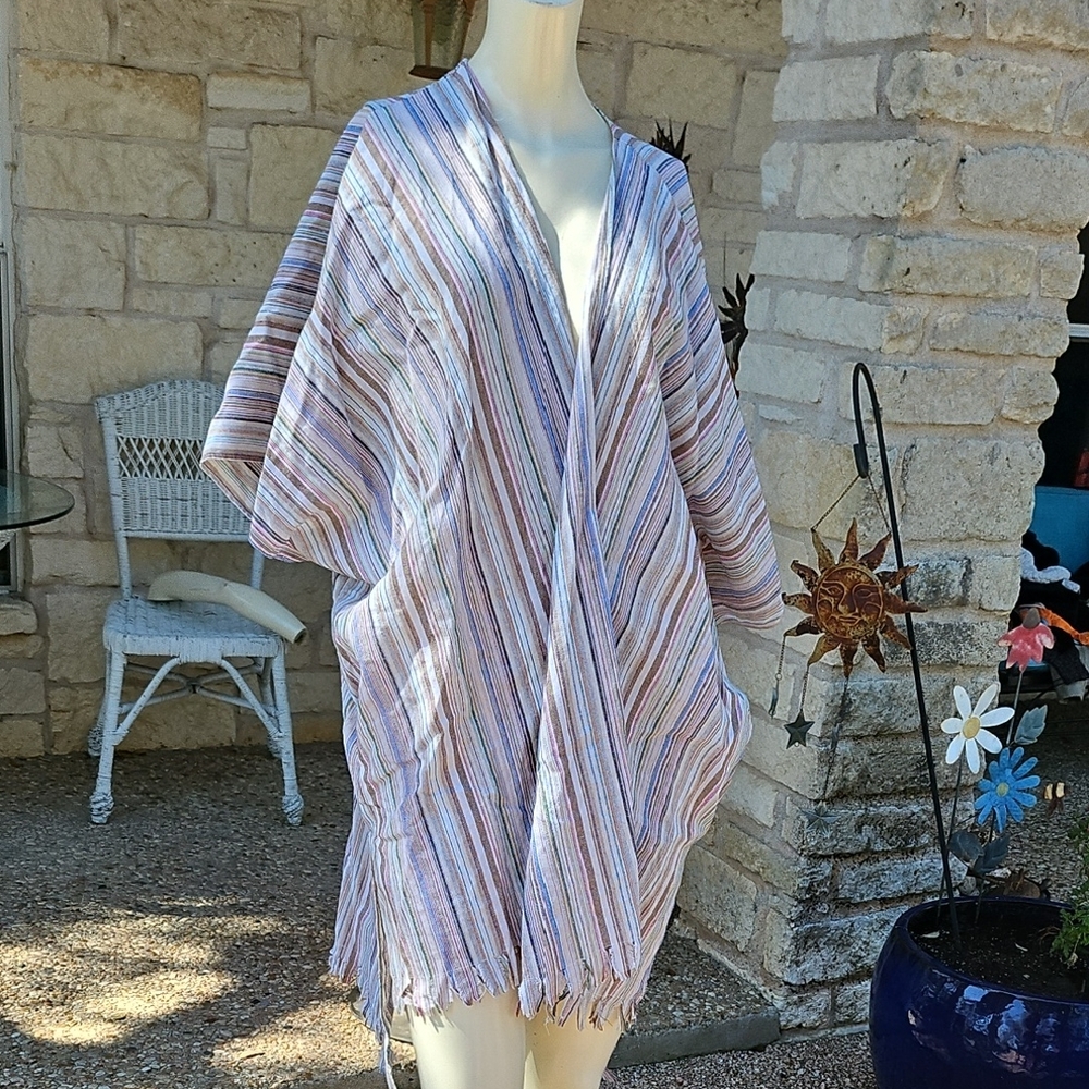 Easel Multicolor Striped Linen Cotton Serape Casual Swim Cover-Up M